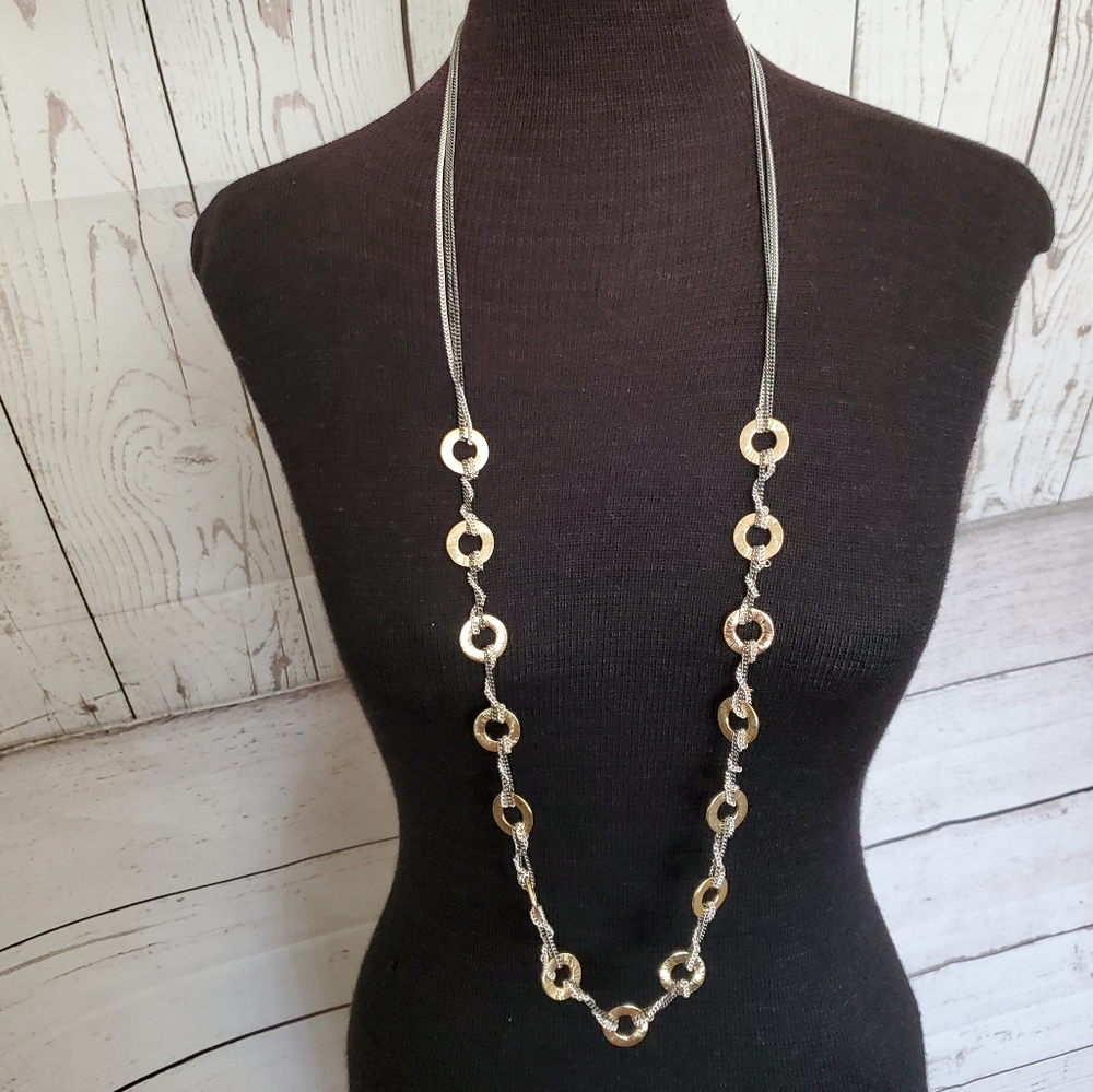 Tri tone chain and circles necklace goldtone, silvertone and gunmetal